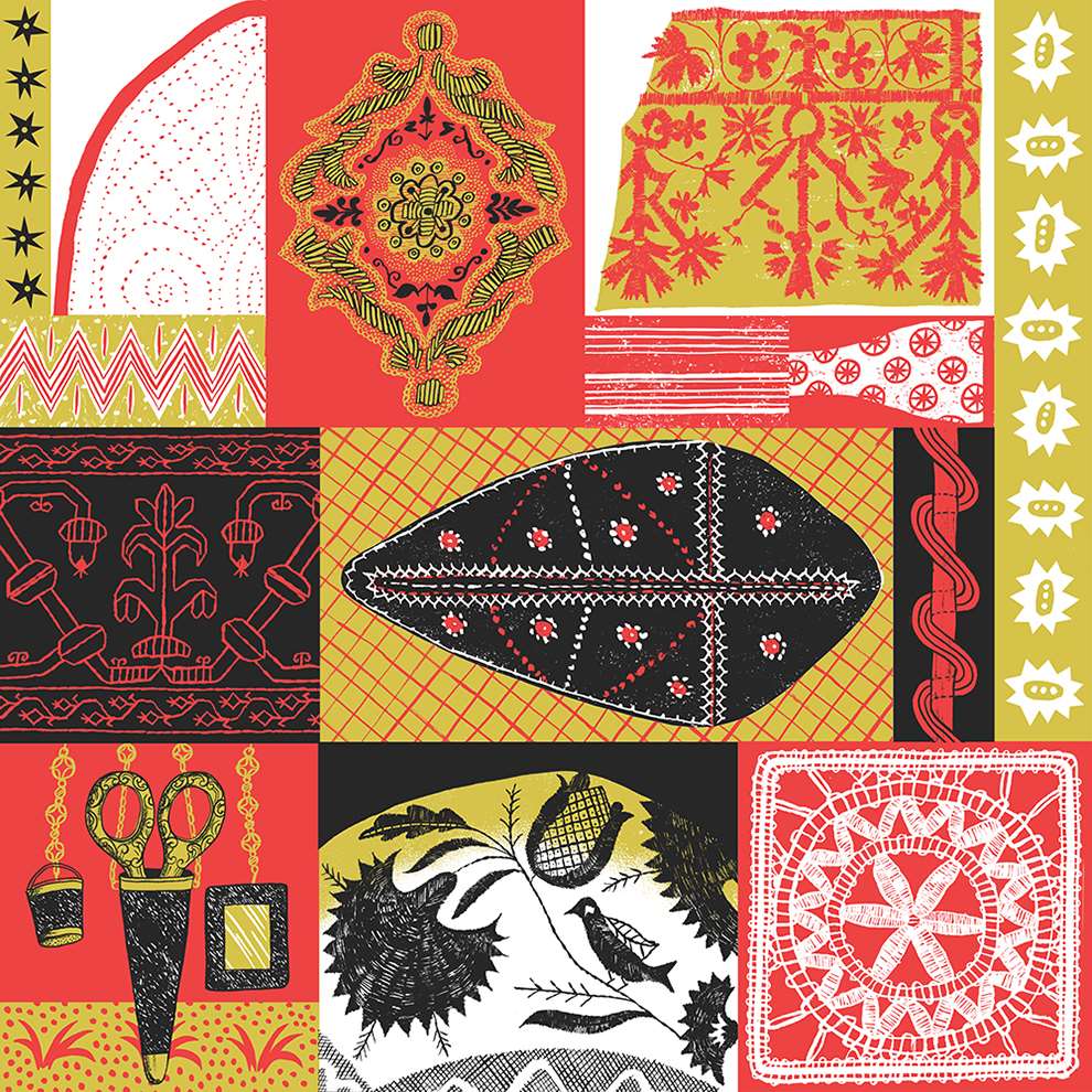 Alice Pattullo, Traditional detailed print illustration in a folk art style of haberdashery items including embroidery, beads, pins, sewing threads and scissors.  