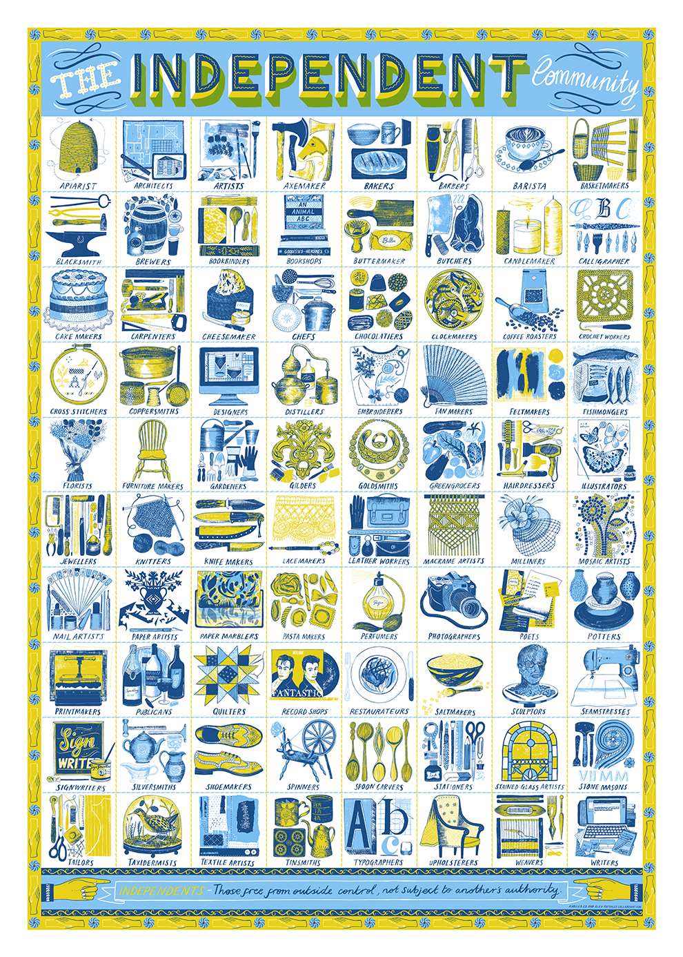 Alice Pattullo, Detailed intricate illustrated poster of independent artist trades including bakers, artists, florists, screen printers etc.