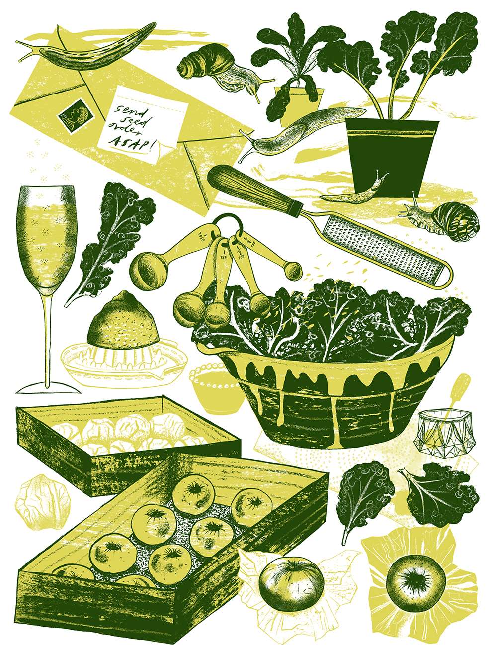 Alice Pattullo, blue printmaking spot food illustration and table elements in an etching style
