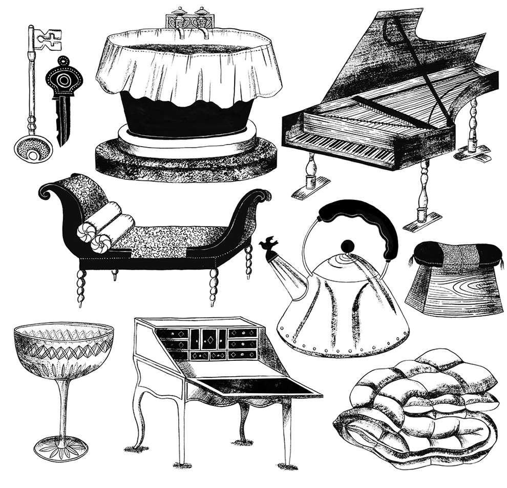 Alice Pattullo, Black and white illustrations of furniture for book 'The Elements of a Home - Curious Histories behind Everyday Household Objects from Pillows to Forks'. By Amy Azzarito. Published by Chronicle Books 2020.