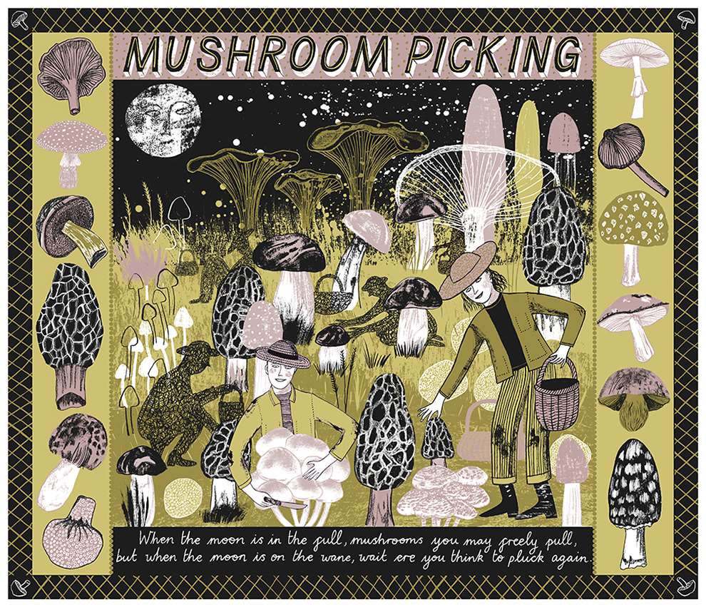Alice Pattullo, Alice Pattullo detailed decorative folklore illustration of people picking mushrooms at night.  Botanical details, screen print aesthetic.