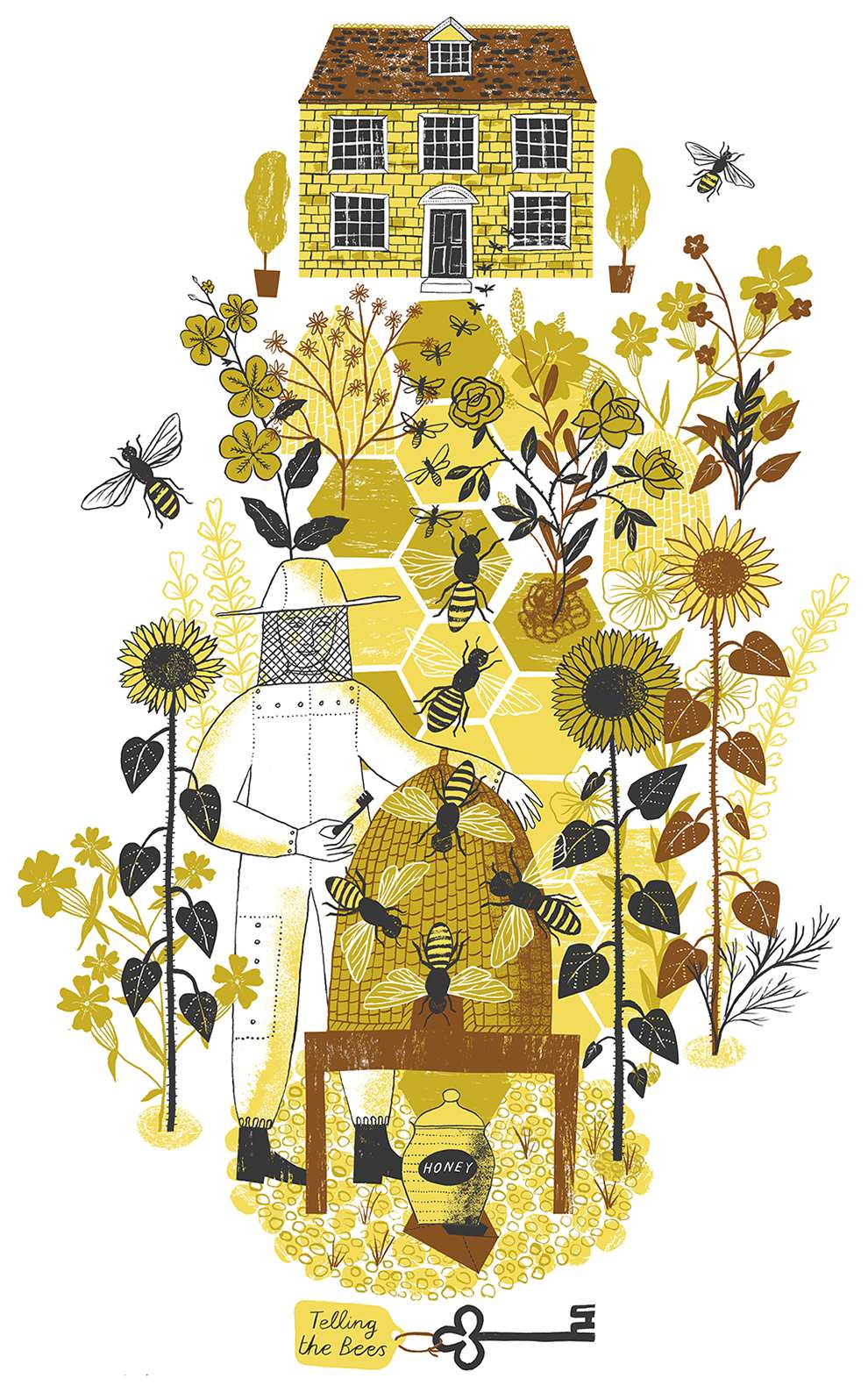 Alice Pattullo, 'Telling The Bees' Screenprint of a beekeeper in their garden amongst botanicals and flowers. Decorative yellow illustration. 