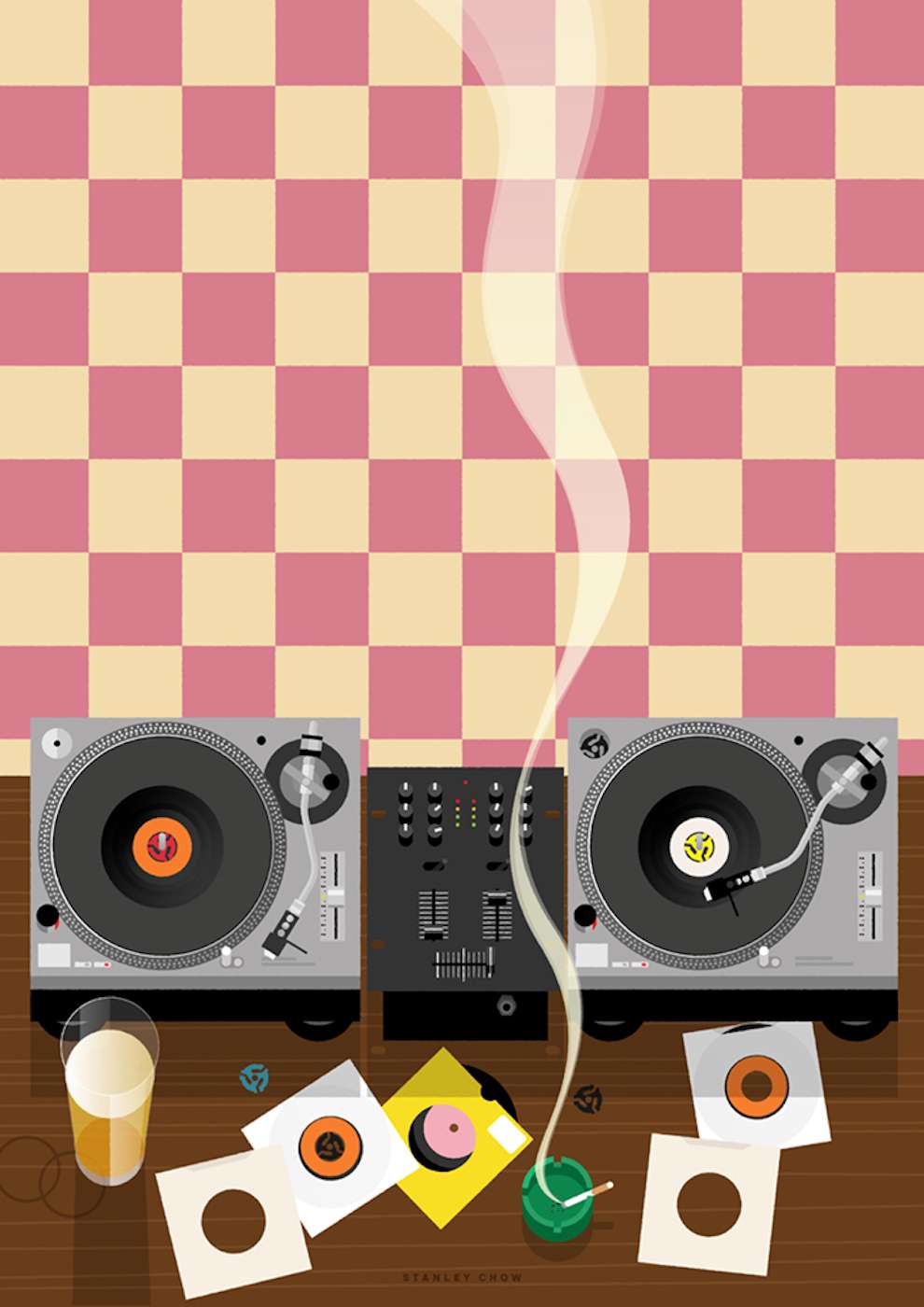 Stanley Chow, Stan Chow Illustration Bold and minimalist interior illustration of a DJ set. 