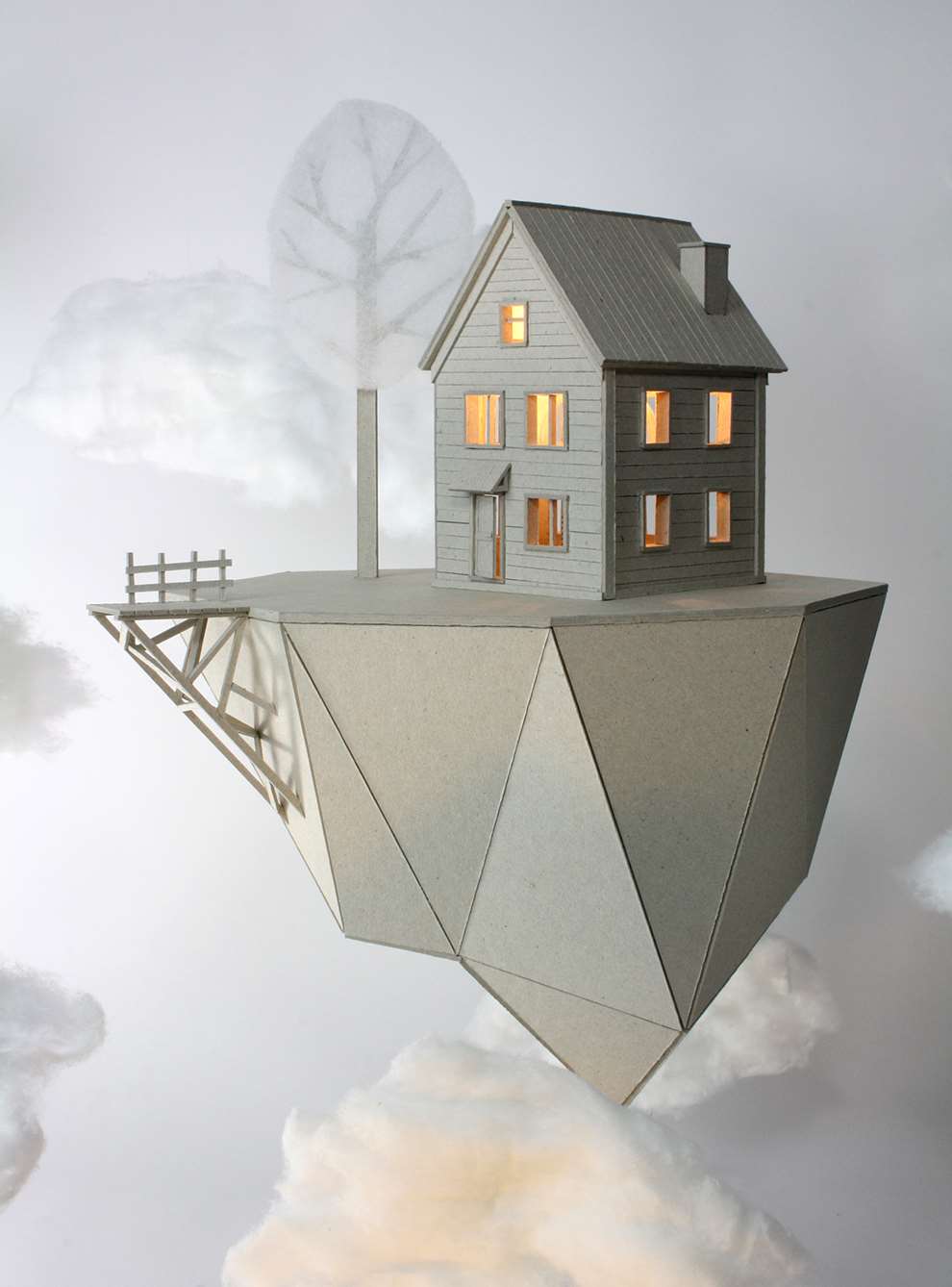 Vera Van Wolferen, Intricate cardboard sculpture of a house floating on clouds made from cotton. Magical miniature universe. Stopmotion paper animation.