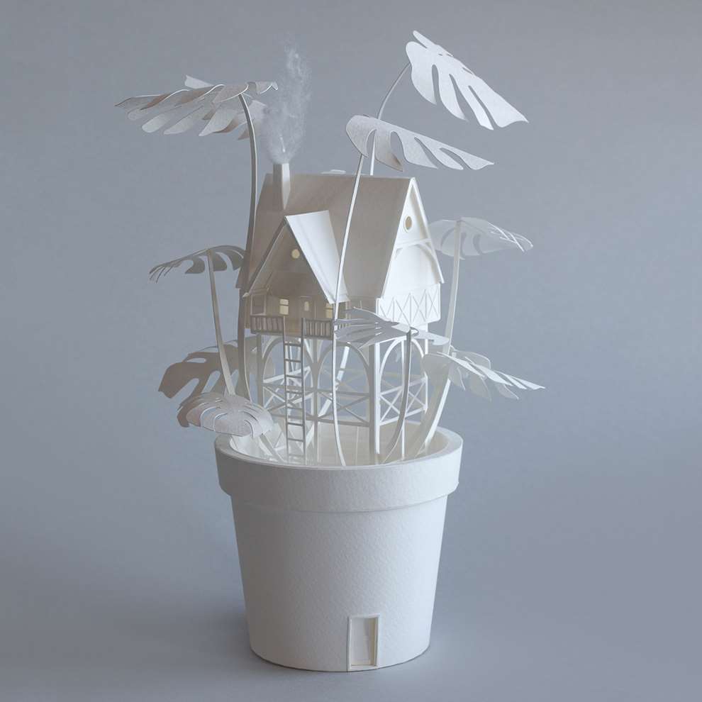 Vera Van Wolferen, Crafted intricate paper sculpture of a house in a plant pot. Magical miniature universe.  Stopmotion paper animation.