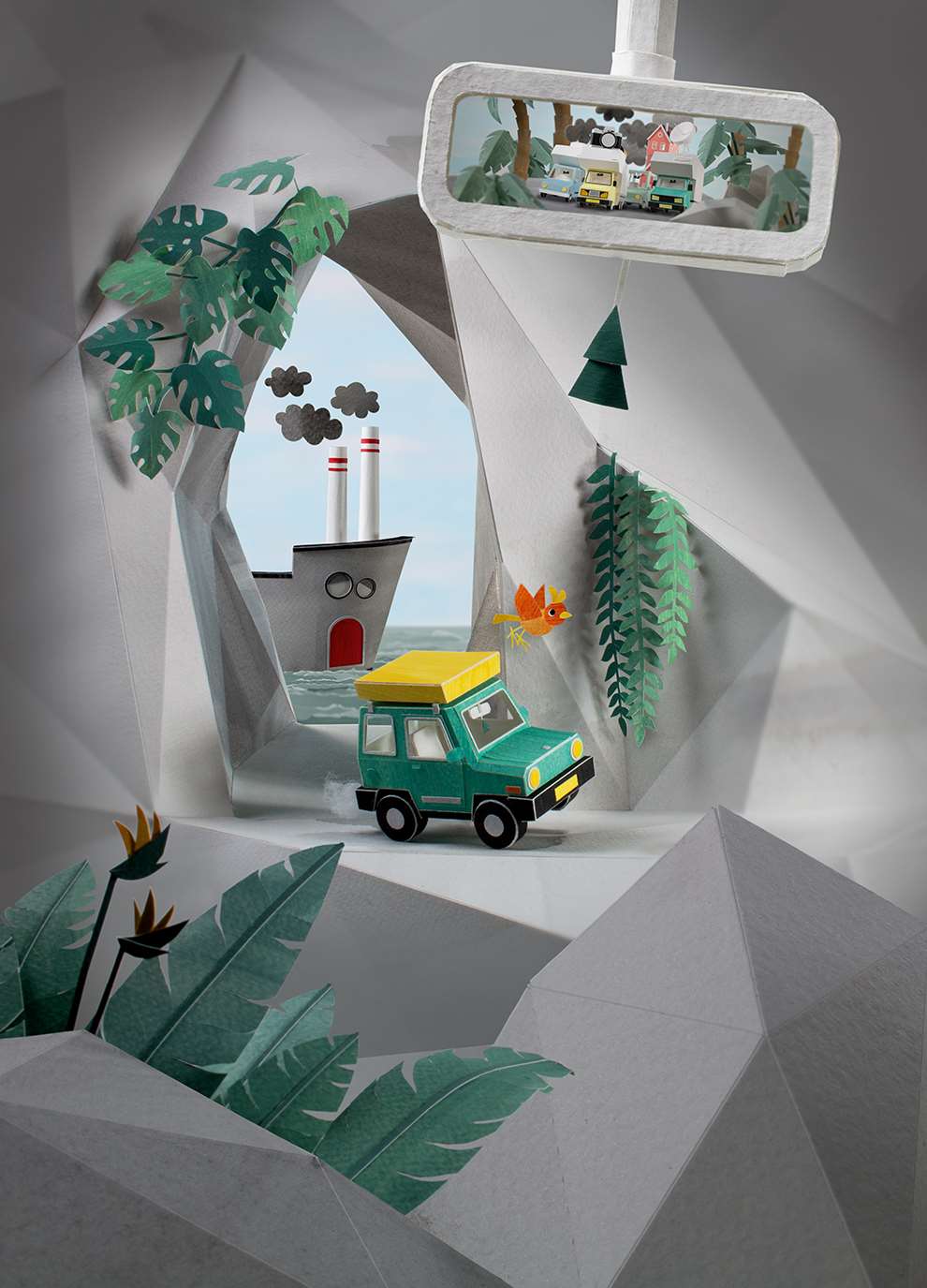 Vera Van Wolferen, Colourful crafted paper scene of a jeep and boat  driving through a rocky miniature universe. Stopmotion paper animation.