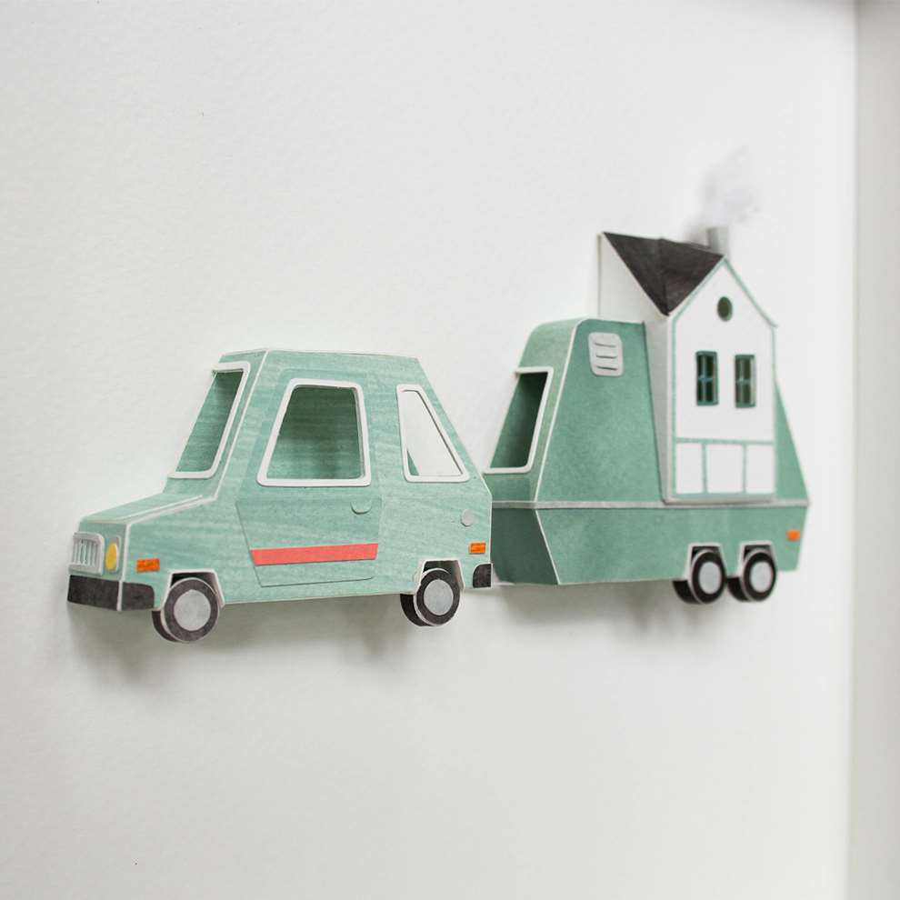 Vera Van Wolferen, Stopmotion paper animation. Crafted paper sculpture of a car with caravan trailer.