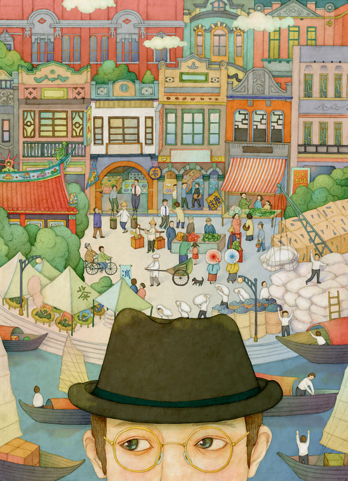 Whooli Chen, Whimsical and delicate painterly illustration of a city trading at a port in the background with a close up of a man wearing a hat at the foreground. Architectural elements