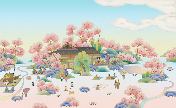 Whooli Chen, Whimsical scenery of Japanese spring with blossoming trees. 
