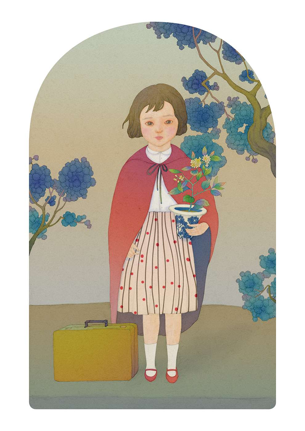 Whooli Chen, Delicate hand-painted illustration of a little girl holding a plant