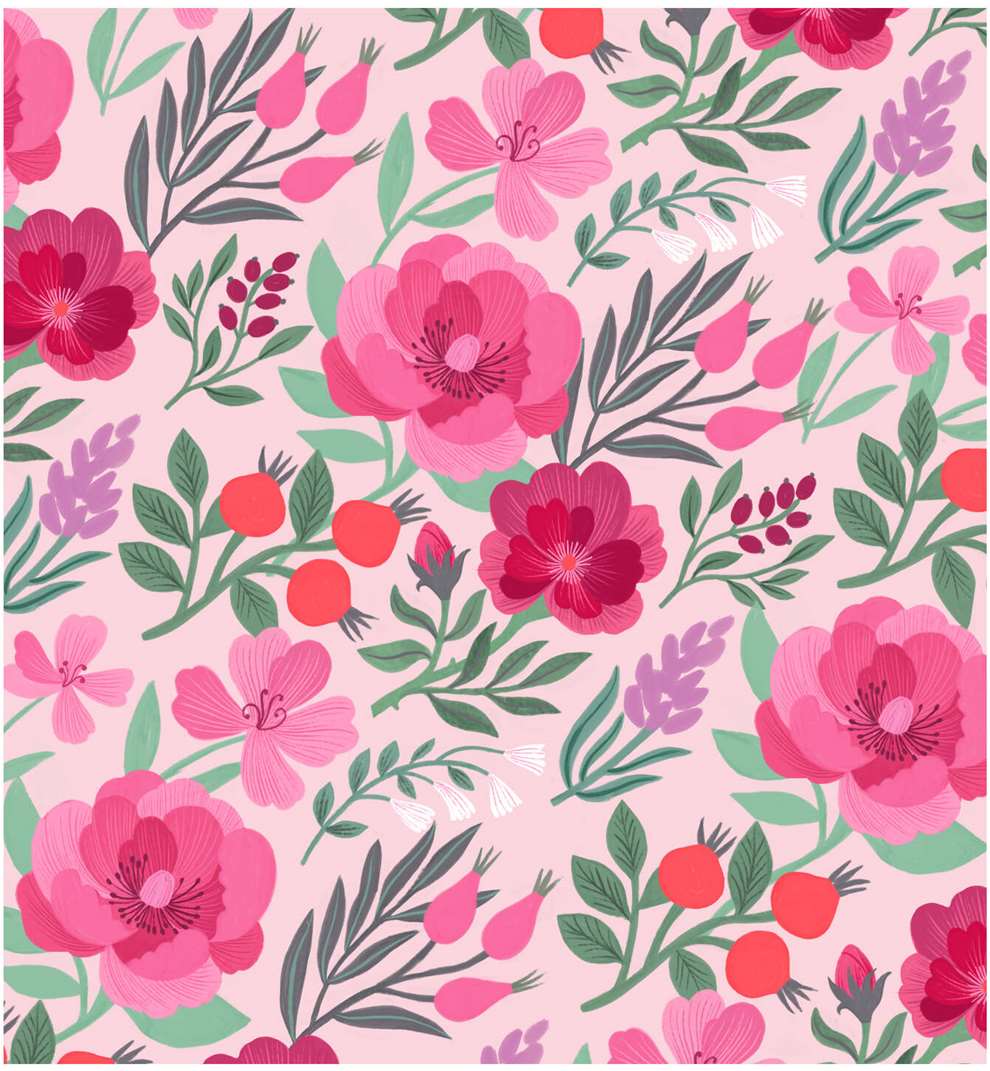 Tatiana Boyko, Hand painted pink floral pattern, folk inspired. 