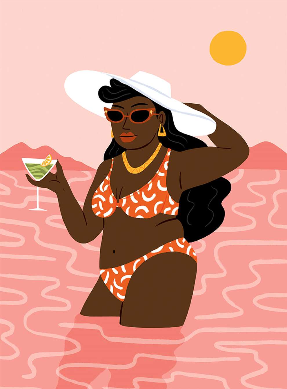 Ruby  Taylor, 	Digital playful illustration of a woman in her bikini in the sea holding a cocktail.  