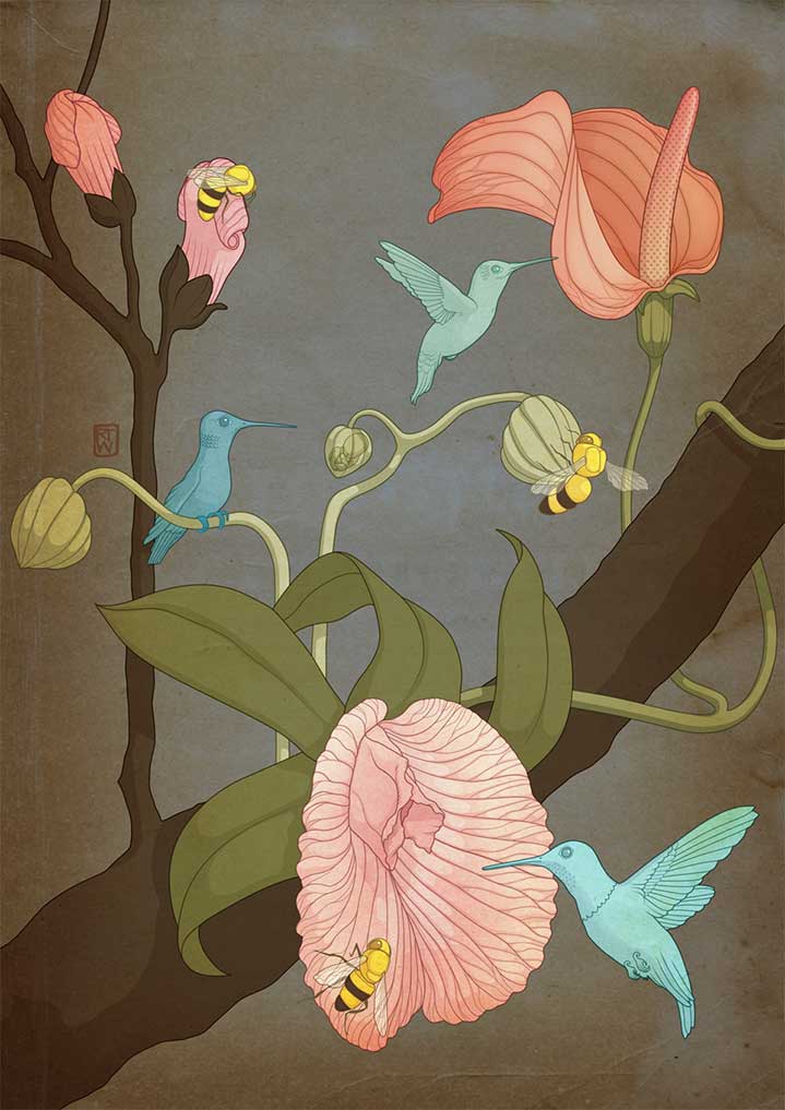 Richard Wilkinson, Digital illustration of flowers, birds and bees 